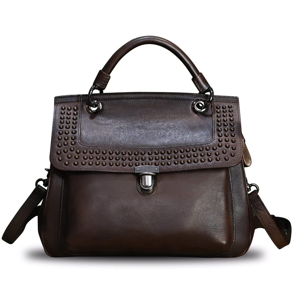 7399 Leather Satchel Purse Retro Handmade Top Handle Handbag Rivet Style